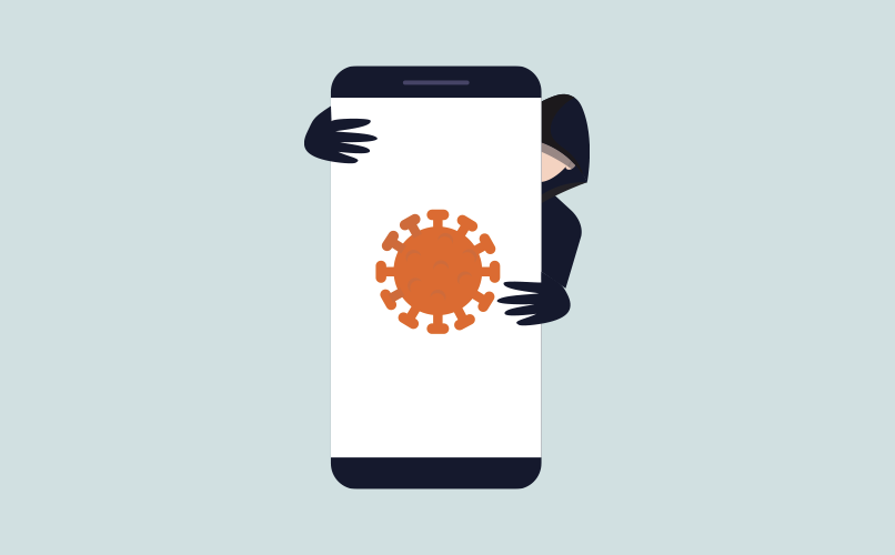 Illustration of a person in a black hooded outfit partially hidden behind a large smartphone displaying a red virus icon, symbolizing COVID-19 scams. The person appears to be peeking from the side, adding a sense of secrecy or surveillance.