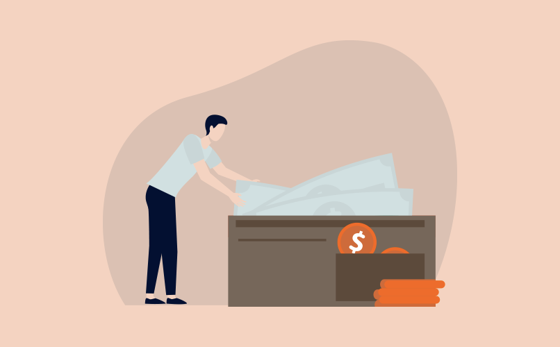 Illustration of a person standing next to a large table, organizing oversized paper currency. There is an open box on the table containing coins and neatly stacked bills, symbolizing financial management or how to budget effectively.