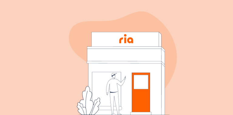 Illustration of a person standing in front of a building with the word "ria" on its sign. The person appears to be pointing towards the door, highlighting the ria location. The background is a soft peach color with abstract shapes, and there are some minimalistic plant drawings near the person and building.