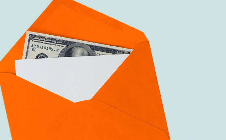 An orange envelope partially open, revealing a one hundred-dollar bill and a piece of white paper inside, as if you've just received a money transfer, against a light blue background.