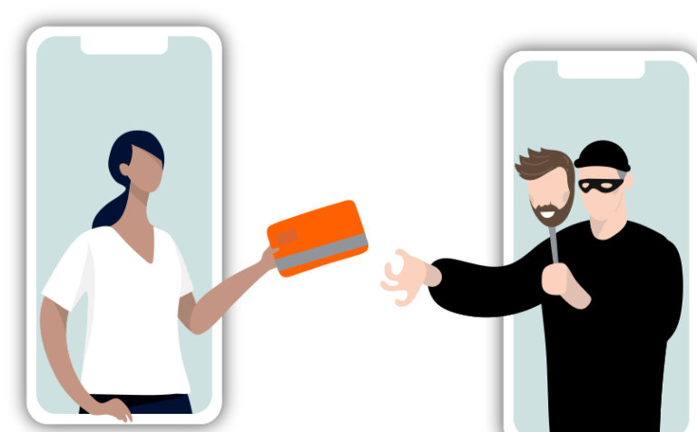 Ilustración de una persona que sostiene una tarjeta de crédito, saliendo de la pantalla de un teléfono inteligente, frente a otro teléfono inteligente con una persona que lleva una máscara y gafas de sol, lo que simboliza el fraude en línea o el robo de identidad.