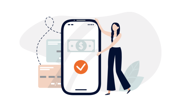 Ilustración de una mujer parada junto a un teléfono inteligente grande que muestra un billete de un dólar y una marca de verificación naranja. Detrás del teléfono hay una tarjeta de crédito y un documento, que sugieren conceptos de pago móvil o transacciones financieras.