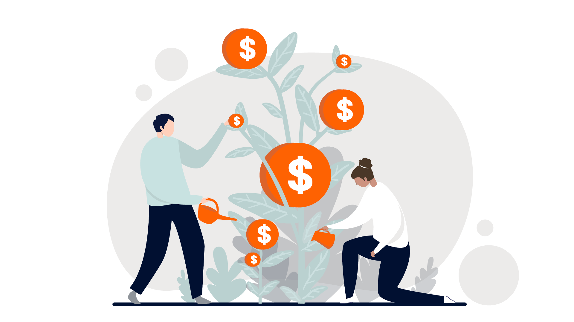 Two individuals are nurturing a plant with leaves shaped like dollar signs. One person waters the plant while the other places a coin on it, symbolizing growth and financial wellness through investment.