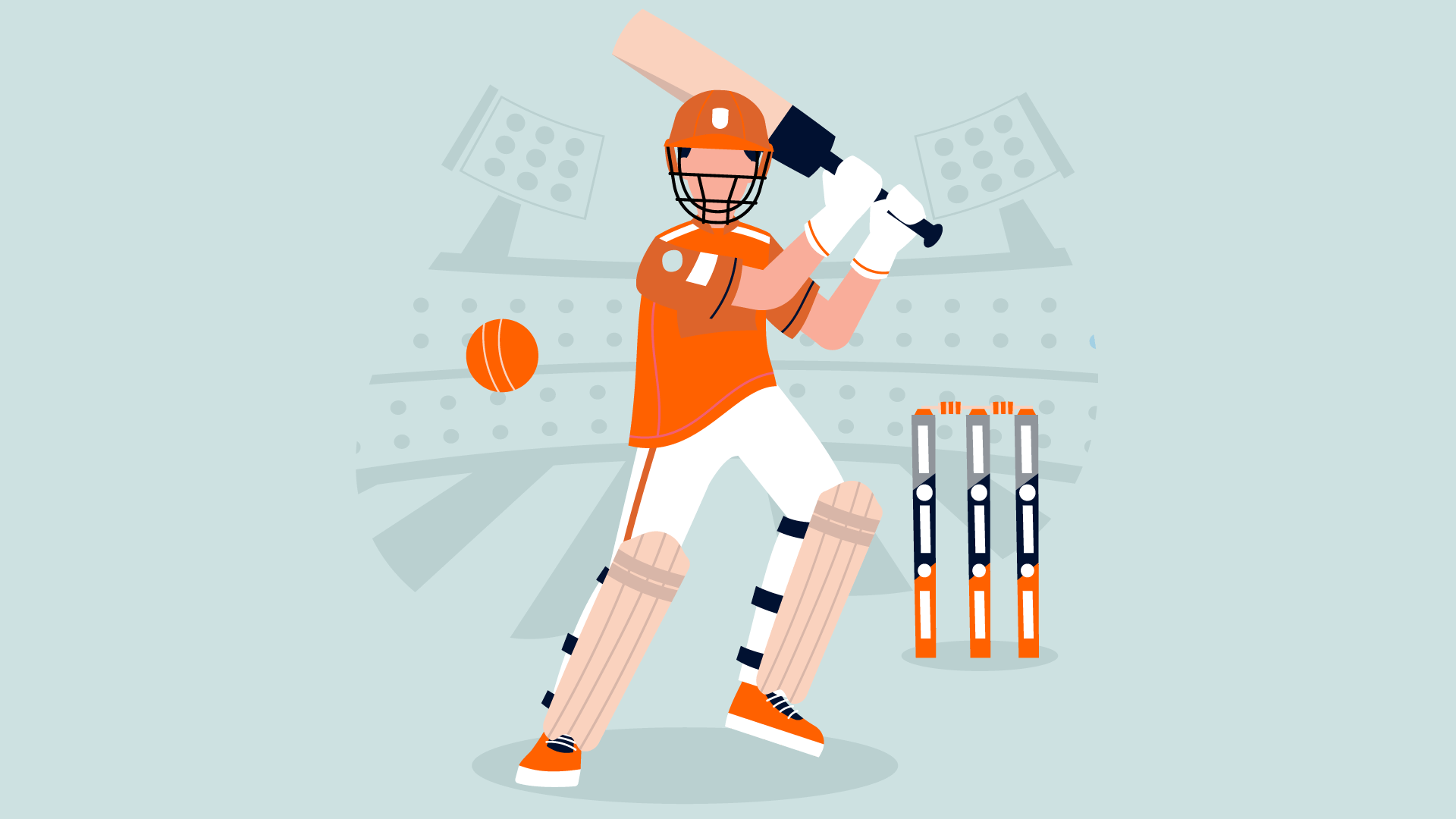 Illustration of a cricket player in an orange uniform, poised to strike with a bat as the ball soars across the stadium. Sponsored by Ria for the Weston Shield Cricket Tournament, stumps stand ready in this dynamic scene.