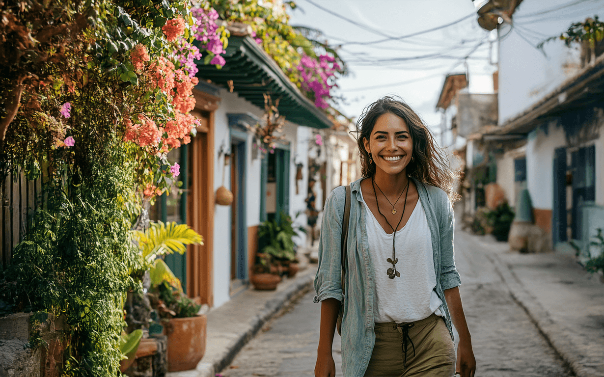 Une femme aux cheveux longs sourit en marchant dans une rue pavée colorée, bordée de fleurs éclatantes et de bâtiments pittoresques. Elle porte une chemise légère, un pantalon décontracté et des bijoux. Le paysage est lumineux et ensoleillé.