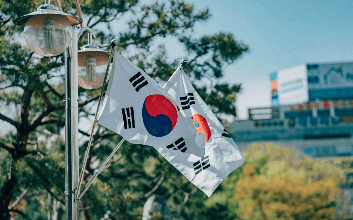 Two South Korean flags on flagpoles are waving outdoors on a sunny day, with trees and a blurred building in the background.