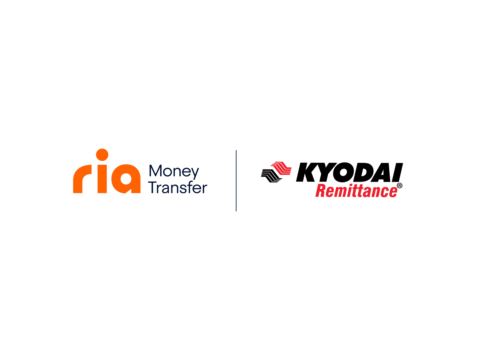 Logos for "ria Money Transfer" in orange and blue on the left, and "KYODAI Remittance" in black and red with a wave symbol on the right, separated by a vertical line, reflecting Ria's acquisition of Kyodai.