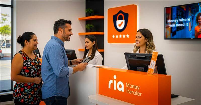 A man hands documents to a smiling female teller at a Ria Money Transfer counter, with two women waiting beside him. The office is modern, with orange signage and a screen displaying a promotional message.