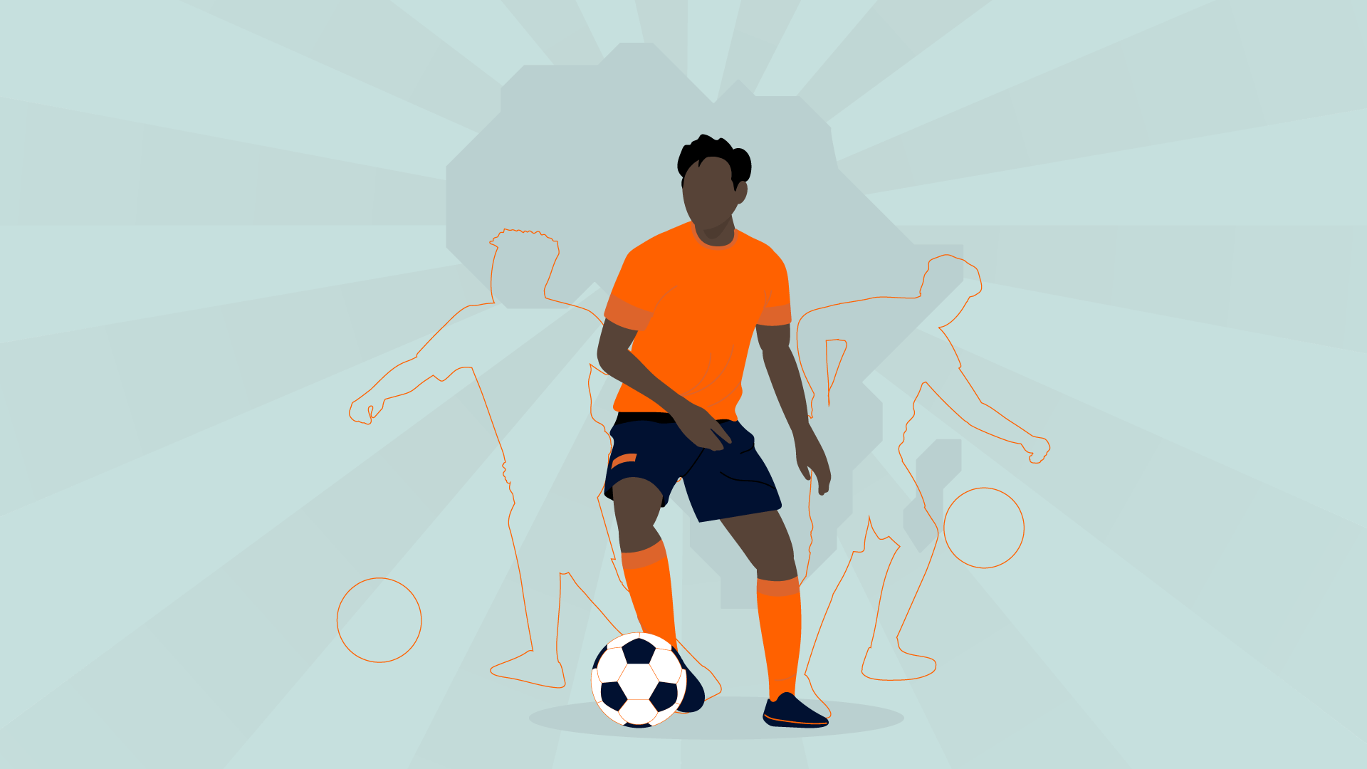 A soccer player in an orange jersey and dark shorts stands with a ball at his feet, as outlines of two other players and a map of Africa highlight the spirit of African football in the background.