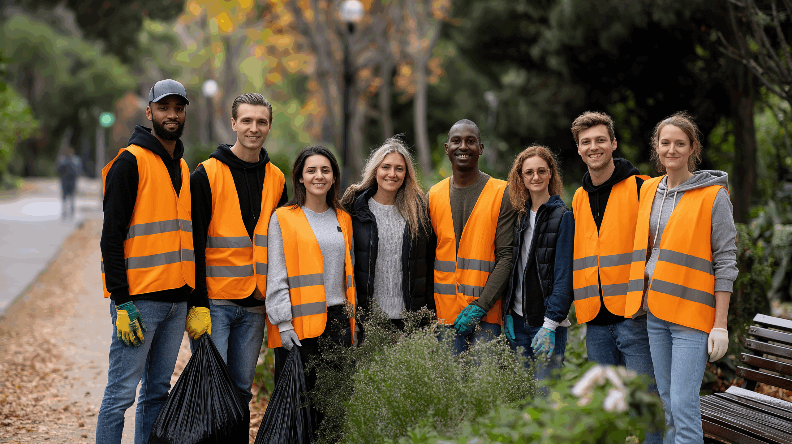 A group of eight people wearing orange safety vests stand together smiling in a park, holding trash bags and gardening gloves, participating in a community clean-up event. Trees with autumn foliage are visible in the background.