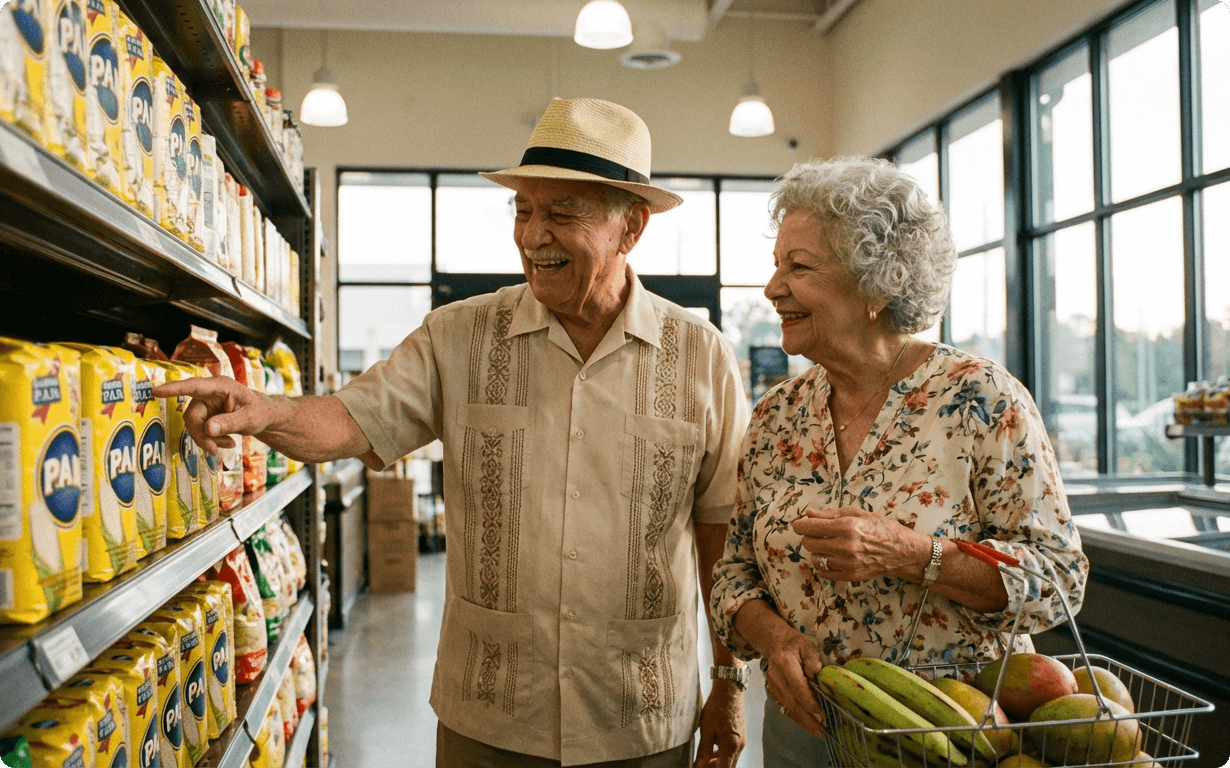 An elderly man and woman smile while grocery shopping. As the man points at a bag of PAN corn flour, the woman—who often sends money to Venezuela—holds a basket filled with bananas and vegetables. Sunlight streams through large windows behind them.