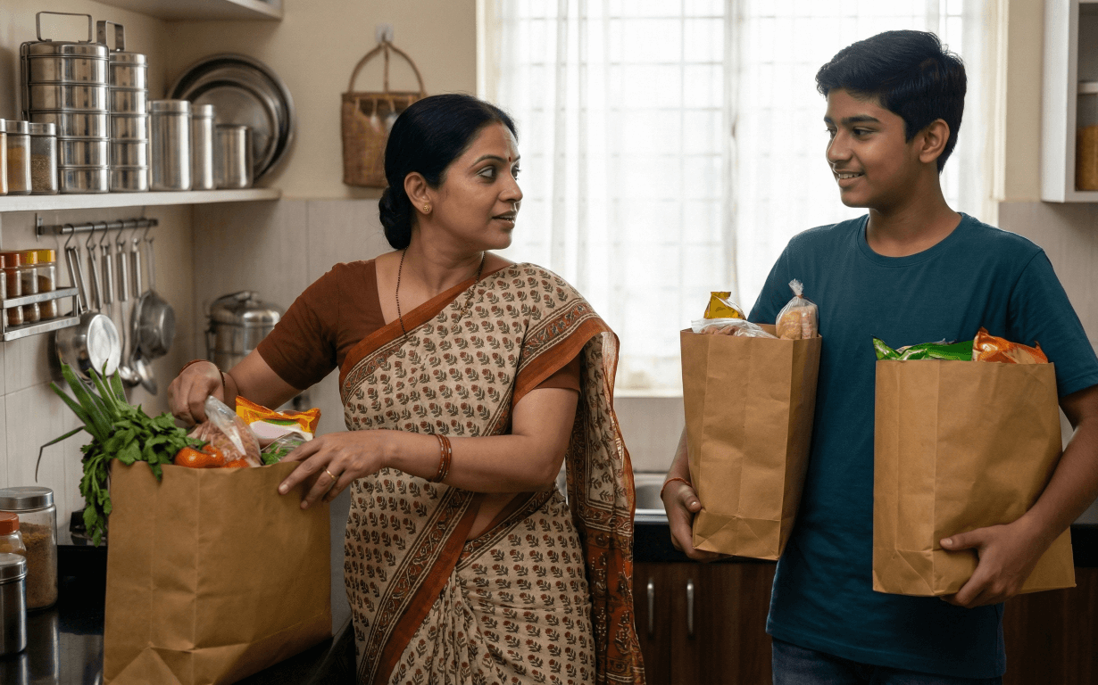 A woman in a sari and a teenage boy stand in a kitchen, smiling at each other while holding paper bags filled with groceries worth $100 and fresh vegetables. Sunlight streams in through a window behind them.