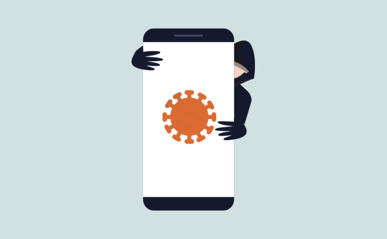Illustration d’une personne vêtue d’une veste à capuche se cachant derrière un grand smartphone. L'écran affiche une icône de virus orange, symbolisant une menace numérique potentielle ou un logiciel malveillant lié aux virus. Seules les mains de la personne et une partie de son visage sont visibles.