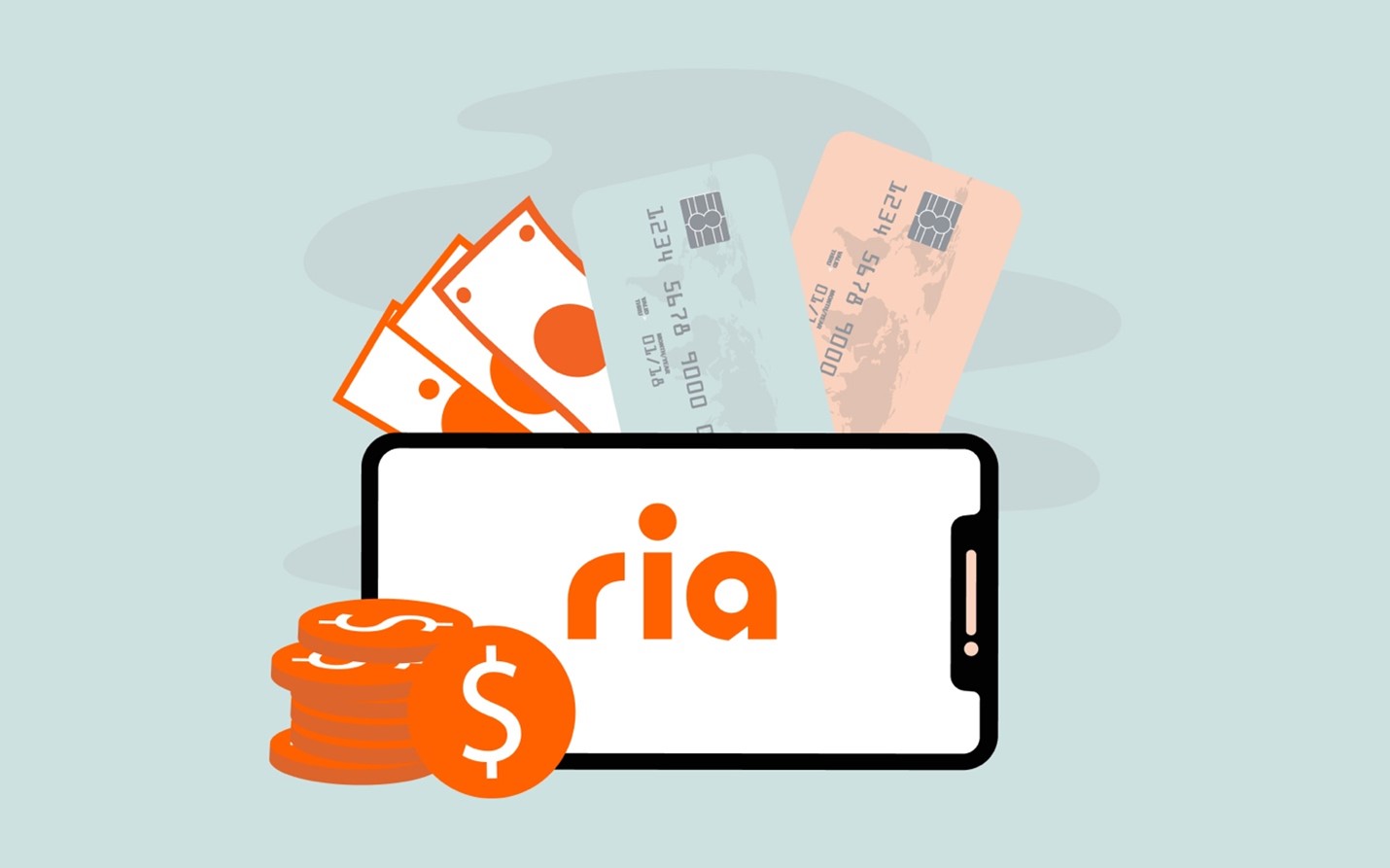 Illustration of a mobile phone displaying the Ria logo, with currency notes, credit cards, and a stack of coins around it. The background is a light teal color.