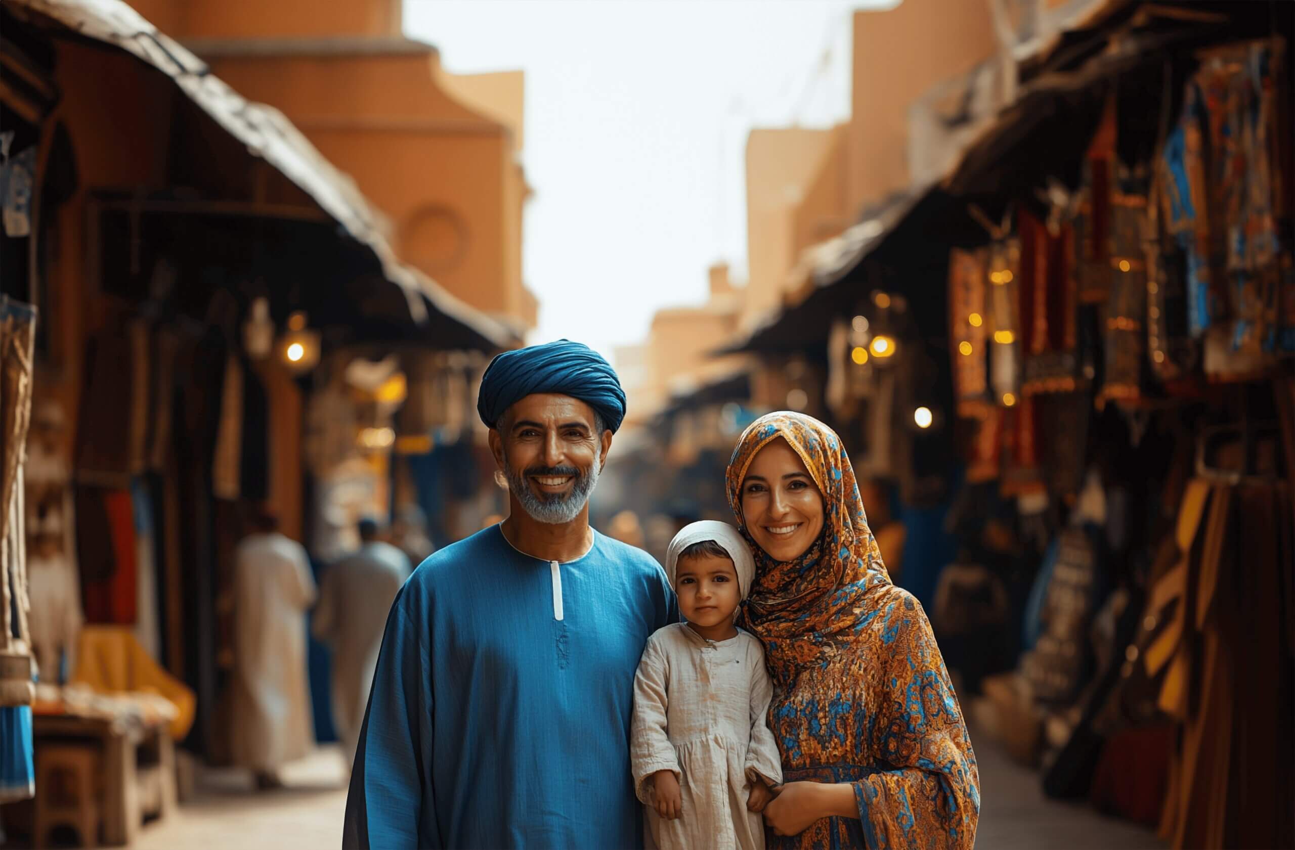 Une famille souriante se tient debout dans un marché animé. L'homme porte une tenue traditionnelle bleue et un turban, la femme est vêtue d'un foulard et d'une robe à motifs, et l'enfant est vêtu d'un vêtement de couleur claire. Des étals de textiles et de lumières bordent l'arrière-plan, créant une scène idéale pour souhaiter à quelqu'un « Comment Souhaiter un Bon Ramadan ».